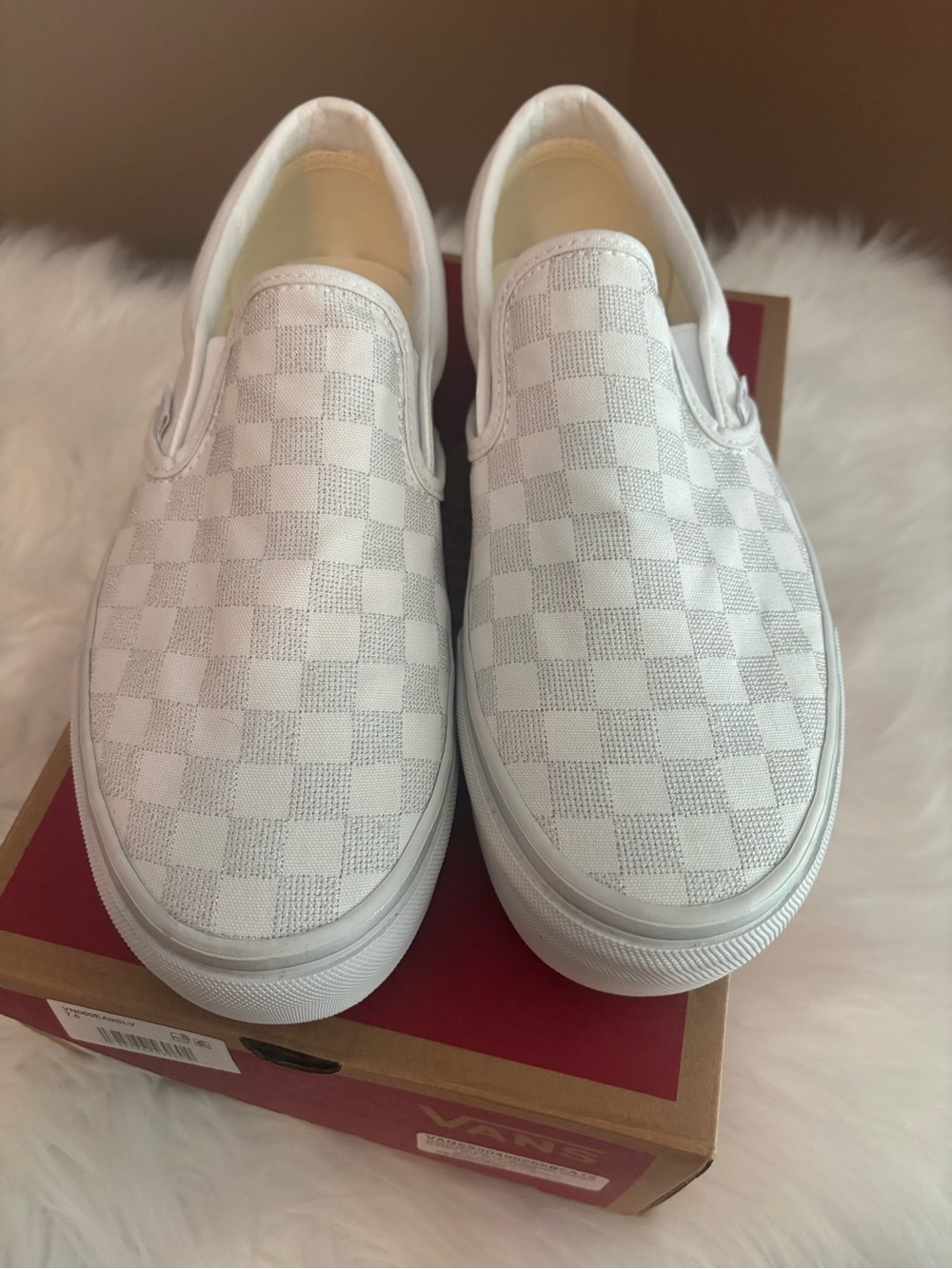 Vans Silver and White Platform Checkerboard Slip-On Sneakers Women’s size 9 AUTH
